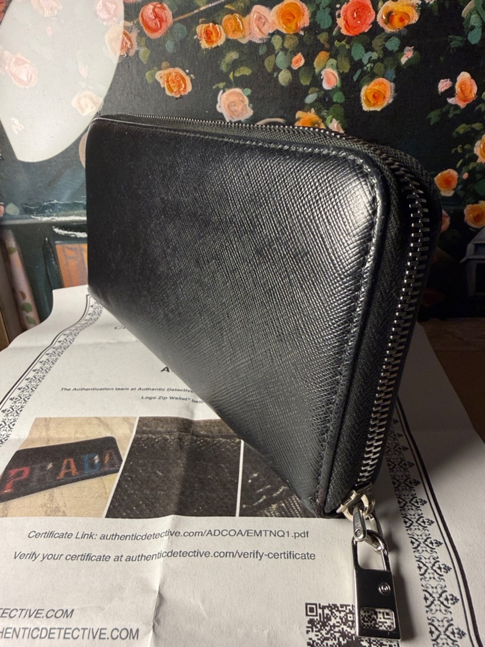 Prada Black Saffiano Leather Zip Wallet with Multicolor Letter Patches w/coa - Picture 2 of 12